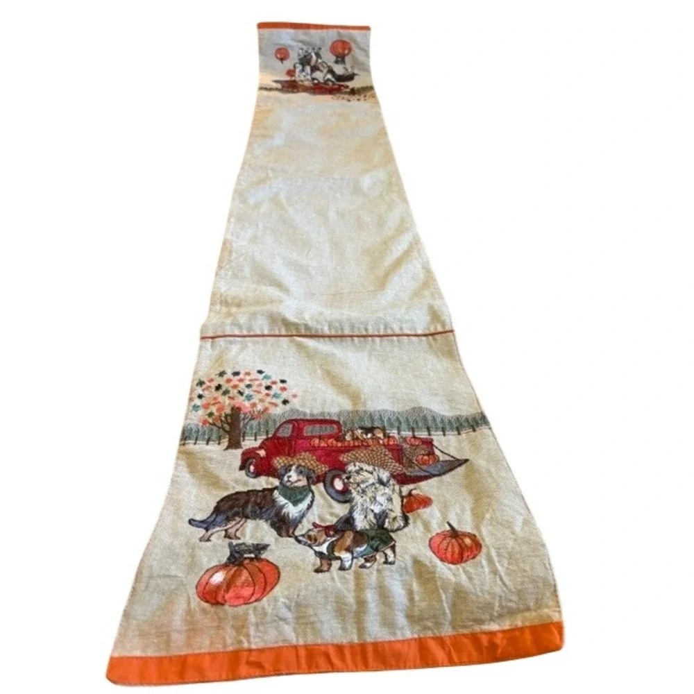 Pier 1 Imports Harvest Dog Red Truck Embroidered Table Runner 13x72 Fall Decor